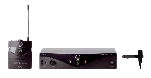 PERCEPTION WIRELESS 45 PRES SET BD A FREQUENCY AGILE WIRELESS MIC SYSTEM INCLUDING SR45 STATIONARY RECEIVER, PT45 POCKET TRANSMITTER,